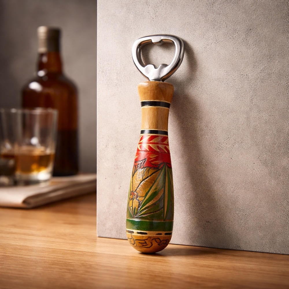 Vintage Hand Carved Painted House Multicolor Wood Handle Bottle Opener